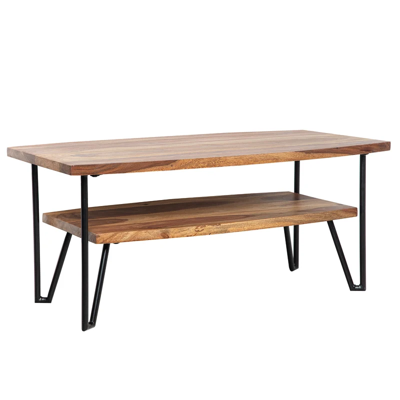 Couchtisch 90x50x40cm Sheesham Massivholz Metall Industrial Stauraum