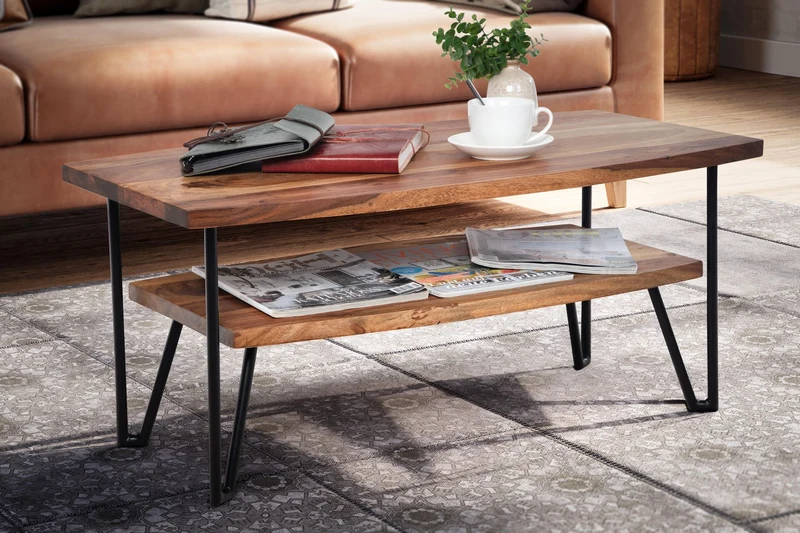 Couchtisch 90x50x40cm Sheesham Massivholz Metall Industrial Stauraum