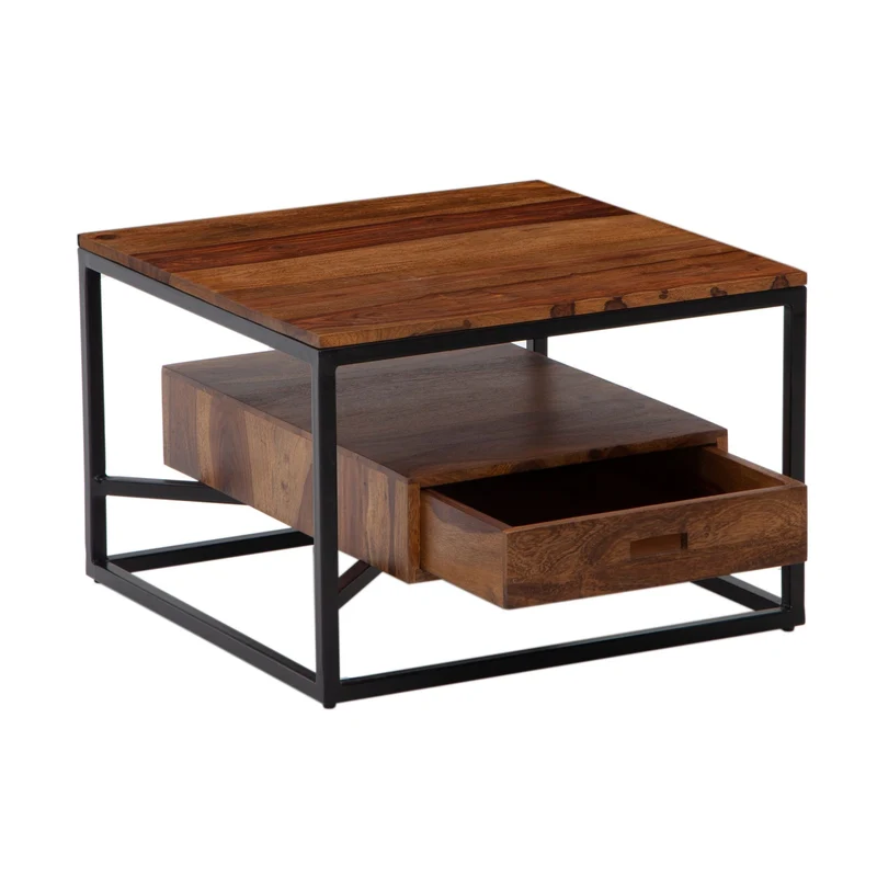 Couchtisch 60x60x40cm Sheesham Massivholz Metall Schublade Modern