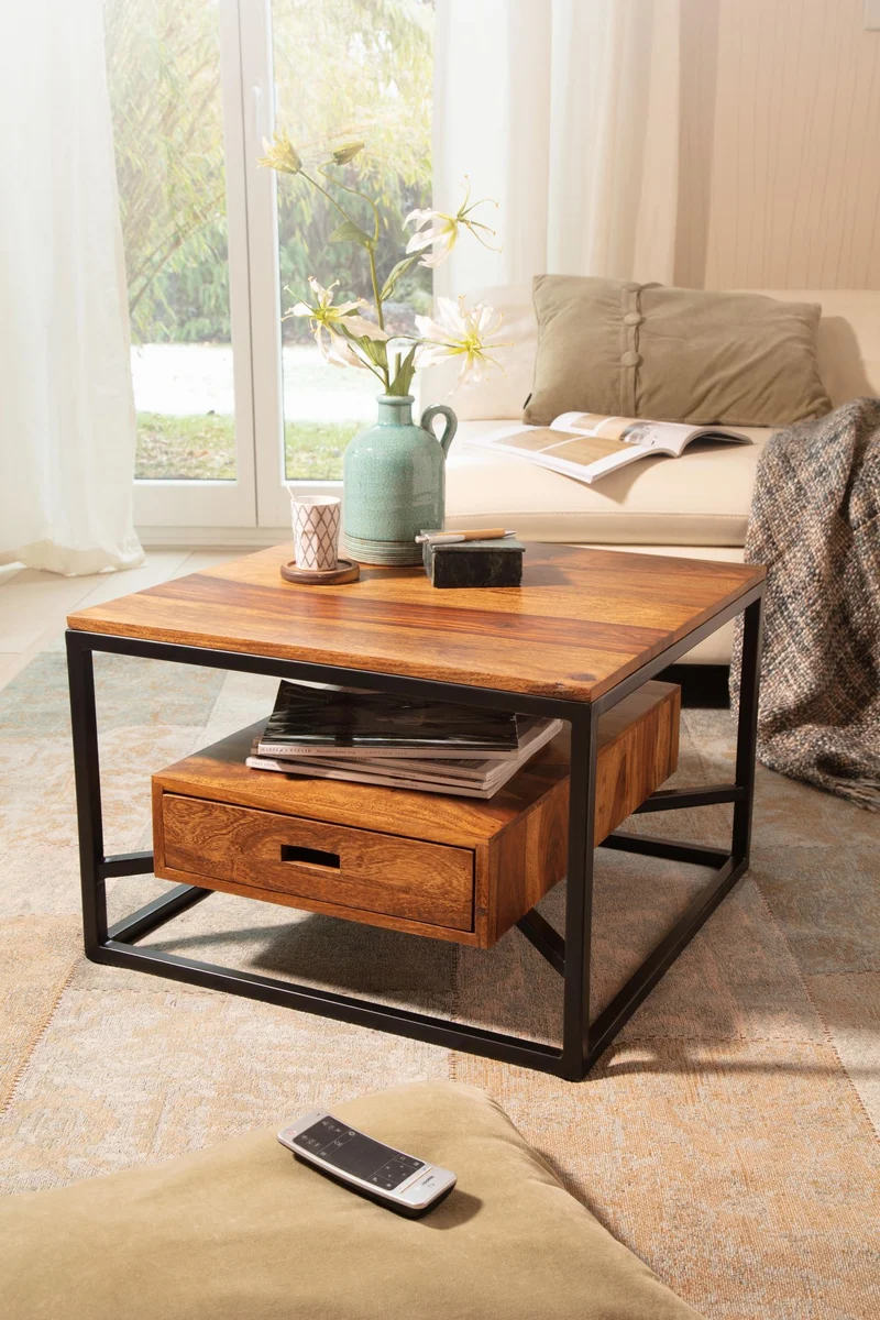 Couchtisch 60x60x40cm Sheesham Massivholz Metall Schublade Modern
