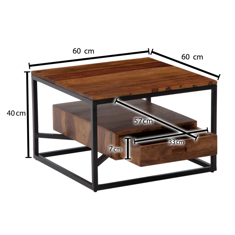 Couchtisch 60x60x40cm Sheesham Massivholz Metall Schublade Modern