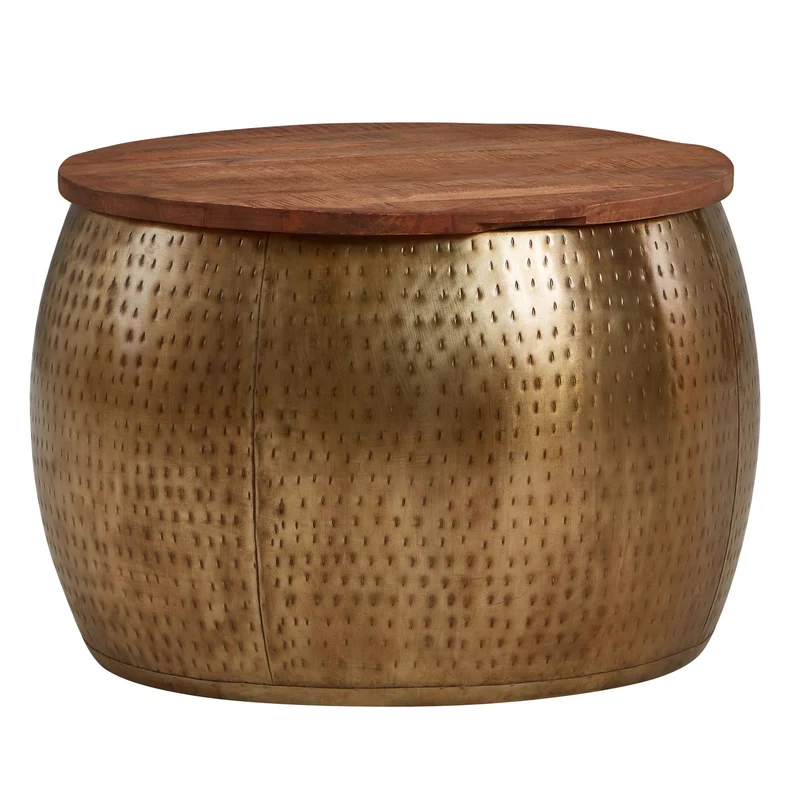 Couchtisch Mango Massivholz Metall Gold Rund Stauraum abnehmbare Platte