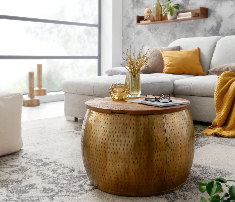 Couchtisch Mango Massivholz Metall Gold Rund Stauraum abnehmbare Platte