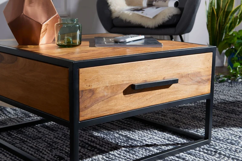 Couchtisch WL5.623 Sheesham Massivholz Metall Industrial Braun 65x38x65cm