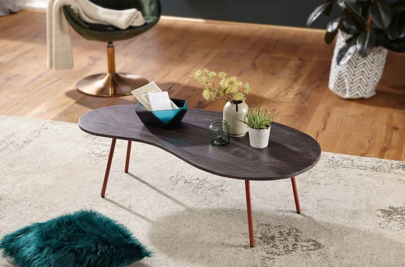 Couchtisch JAI 122x34,5x63cm Akazie Massivholz Metallbeine Kupfer Grau