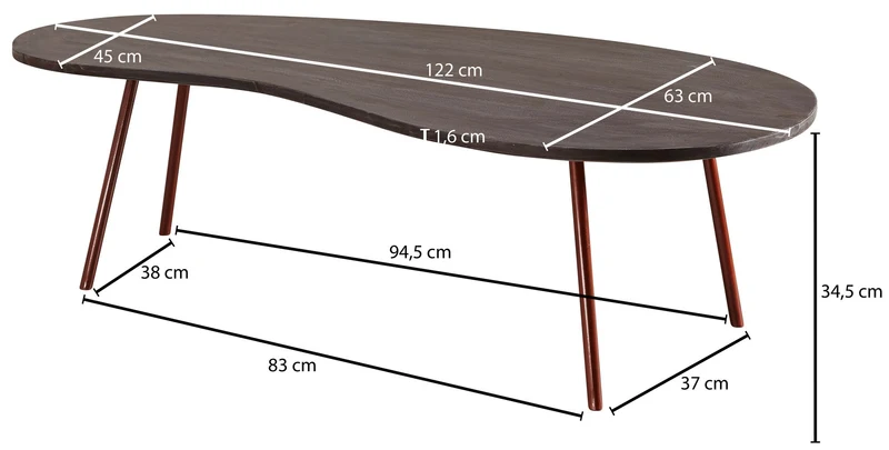 Couchtisch JAI 122x34,5x63cm Akazie Massivholz Metallbeine Kupfer Grau