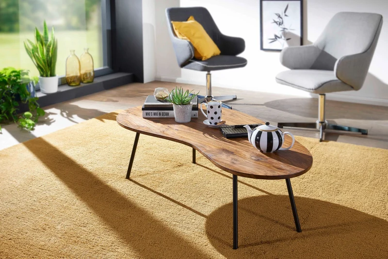 Couchtisch WL5.617 122x36x63cm Sheesham Massivholz Metallbeine Schwarz
