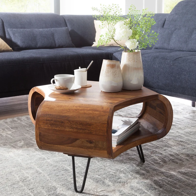 Couchtisch WL5.603 Sheesham massiv 55x55x38cm Ablage Metall Retro Braun