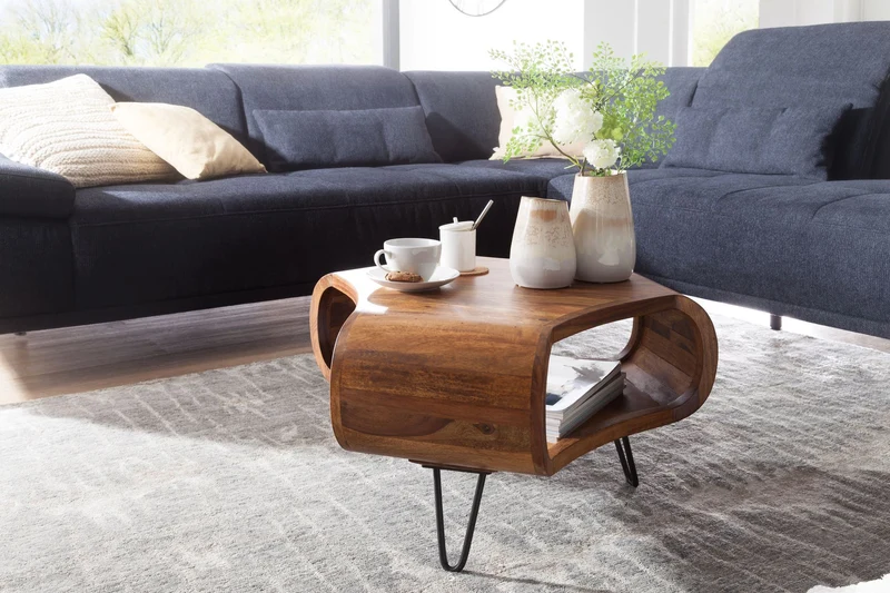 Couchtisch WL5.603 Sheesham massiv 55x55x38cm Ablage Metall Retro Braun