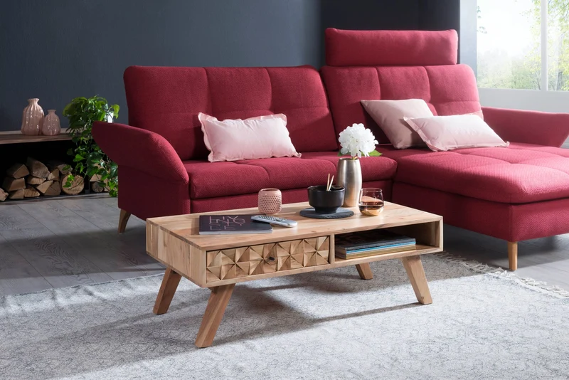 Couchtisch REWA 95x35x50cm Akazie Massivholz Schublade Landhaus Braun