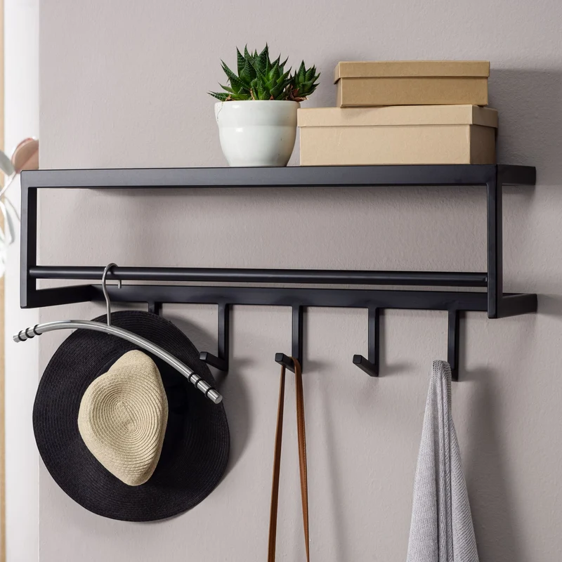 Wandgarderobe Metall Schwarz 70x20x20cm mit Ablage Hakenleiste Flur