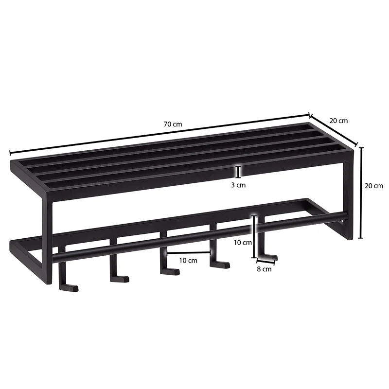 Wandgarderobe Metall Schwarz 70x20x20cm mit Ablage Hakenleiste Flur