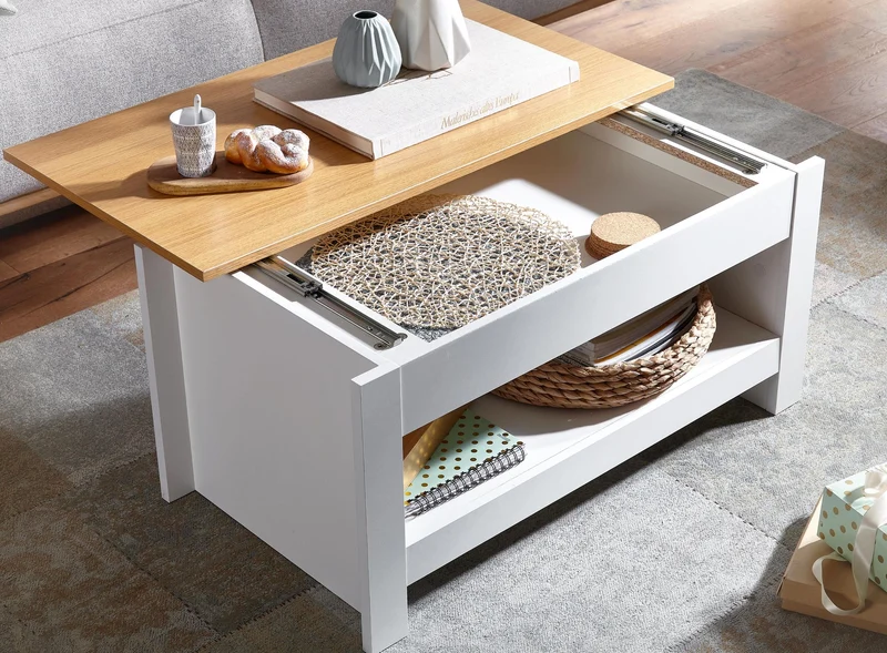 Couchtisch Weiß Eiche 85x47x45cm mit Stauraum Ablagefach Modern