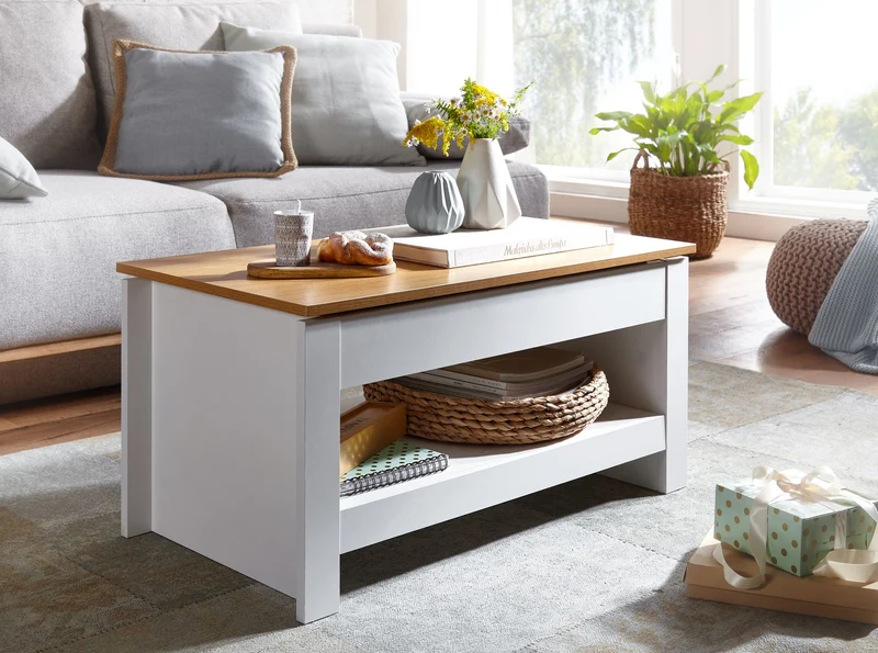 Couchtisch Weiß Eiche 85x47x45cm mit Stauraum Ablagefach Modern