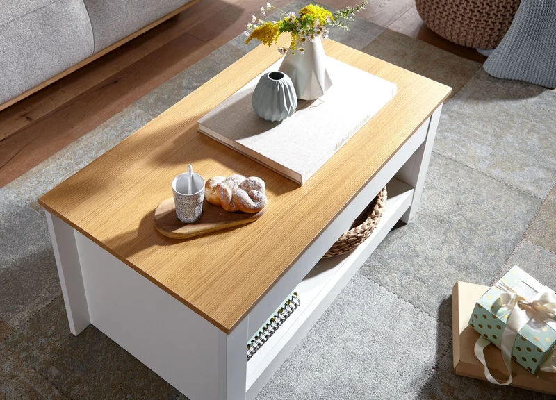 Couchtisch Weiß Eiche 85x47x45cm mit Stauraum Ablagefach Modern