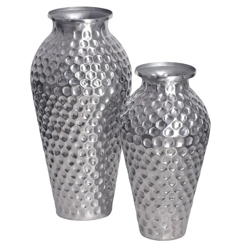 Vase 2er Set Aluminium Silber Amphore Modern Tischdeko Handgefertigt