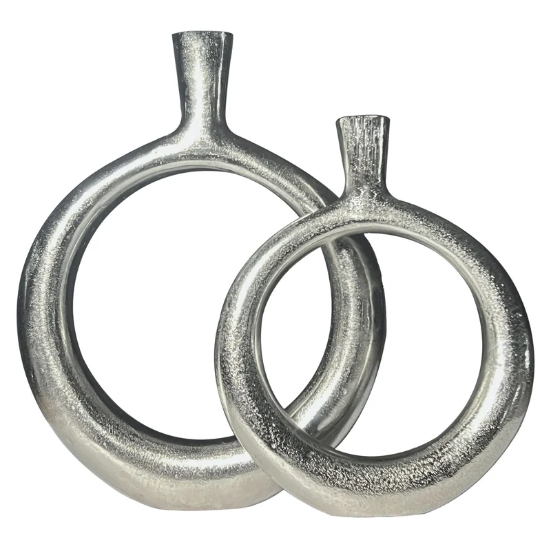 Vase 2er Set Aluminium Silber Donut Modern Rund Handgefertigt