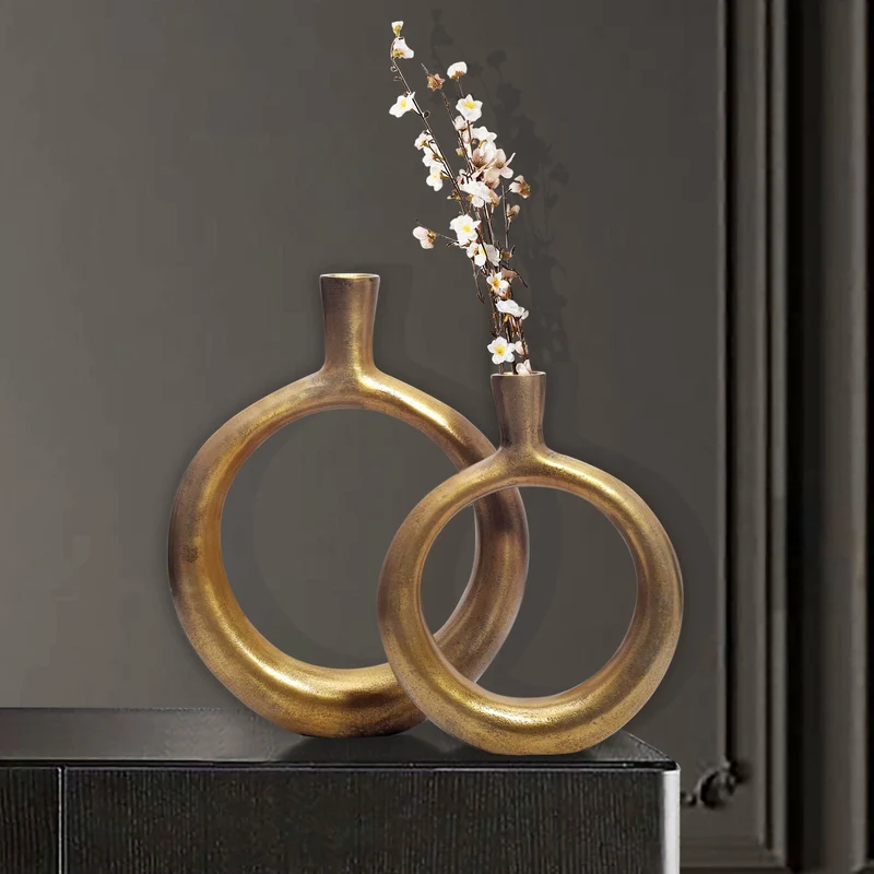 Vase 2er Set Aluminium Gold Donut Modern Rund Tischdeko