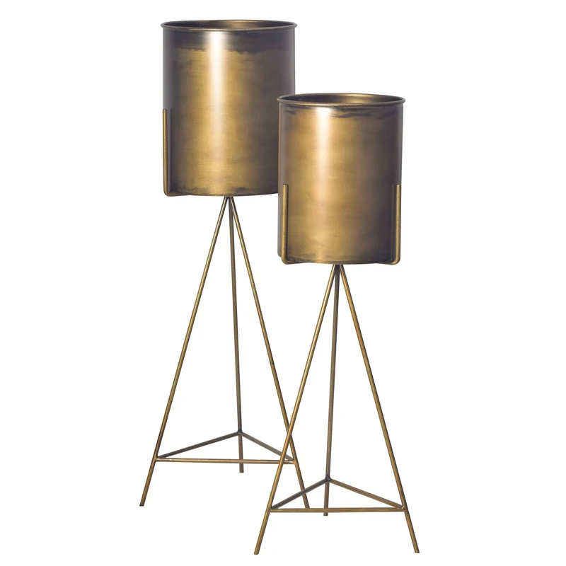 Blumentopf 2er Set Metall Gold mit Gestell Indoor Rund Hoch