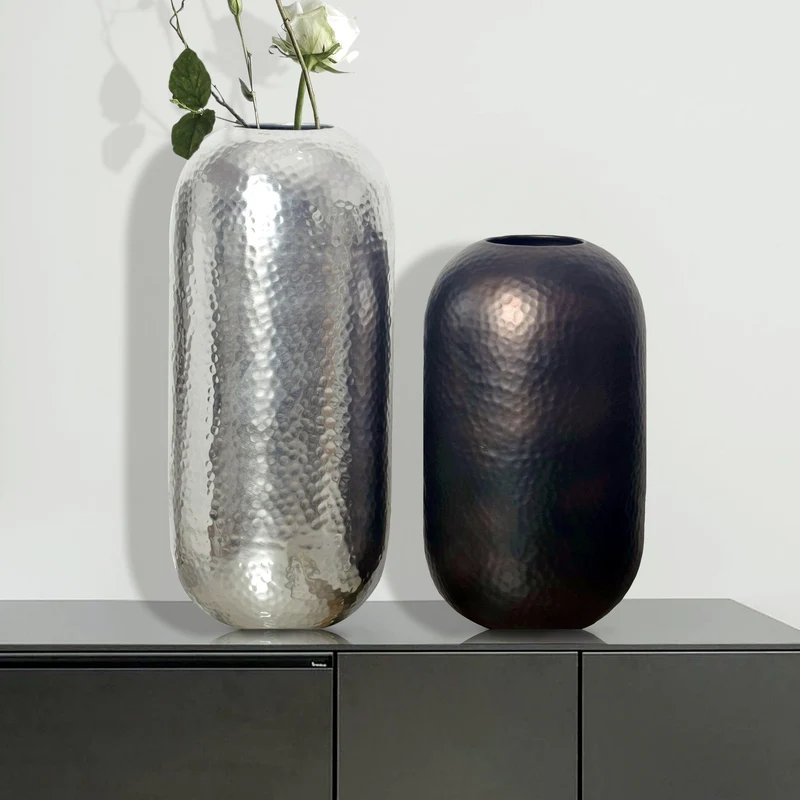 Vase 2er Set Aluminium Silber Schwarz-Bronze Modern Hammerschlag