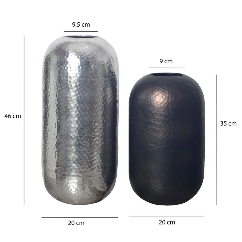 Vase 2er Set Aluminium Silber Schwarz-Bronze Modern Hammerschlag