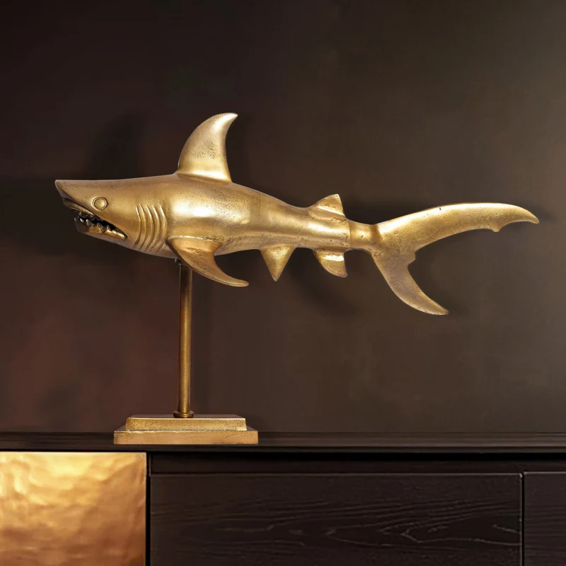 Dekofigur Hai Aluminium Gold 70cm Maritim Modern Tischdeko