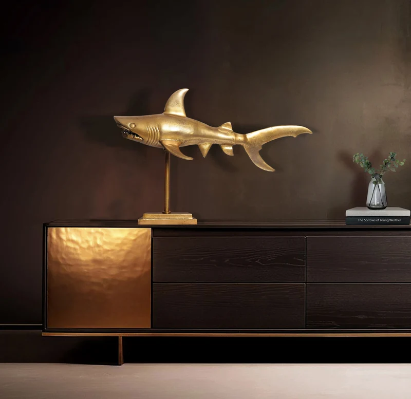 Dekofigur Hai Aluminium Gold 70cm Maritim Modern Tischdeko