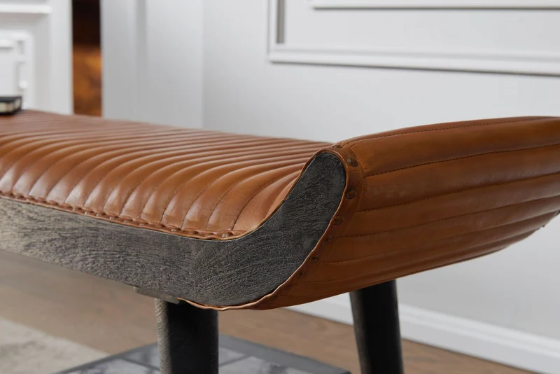 Sitzbank Echtleder Massivholz Braun 125x51x38cm Modern Design