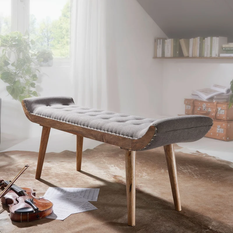 Sitzbank Chesterfield 125x51x38cm Stoff Massivholz Grau Modern