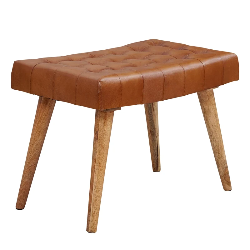 Sitzhocker Mango Massivholz Echtleder Chesterfield Braun 67x47x39 cm