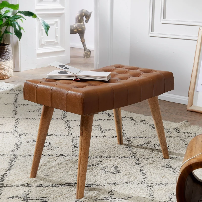 Sitzhocker Mango Massivholz Echtleder Chesterfield Braun 67x47x39 cm