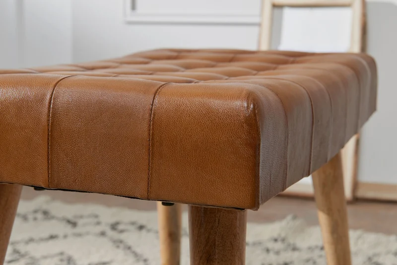 Sitzhocker Mango Massivholz Echtleder Chesterfield Braun 67x47x39 cm