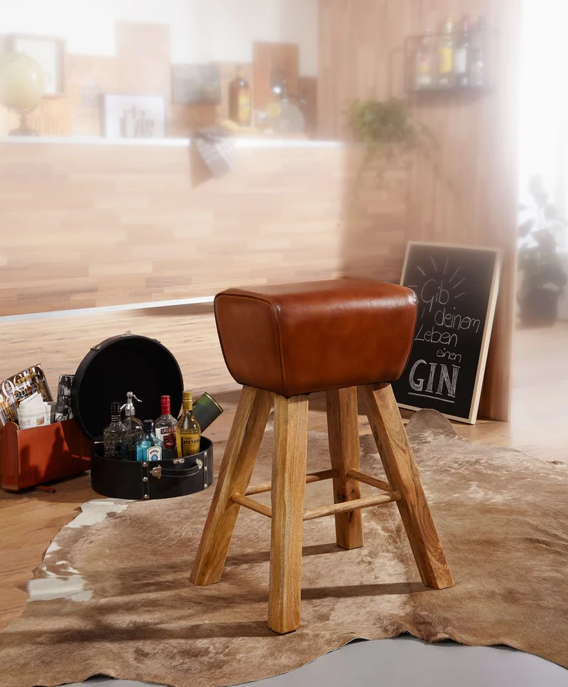 Barhocker Turnbock Mango Massivholz Echtleder Braun Country Design