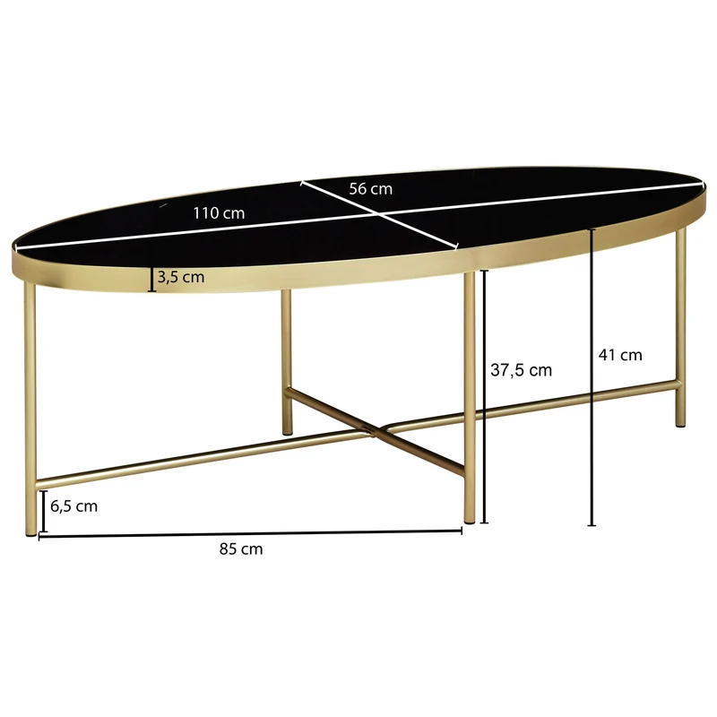 Couchtisch Glas Oval 110x56cm Schwarz Gold Metallgestell