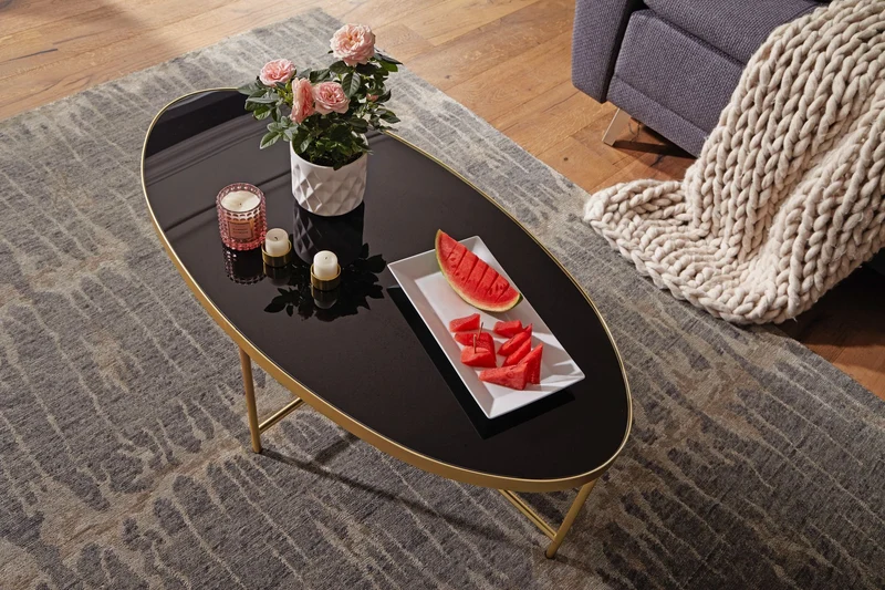 Couchtisch Glas Oval 110x56cm Schwarz Gold Metallgestell
