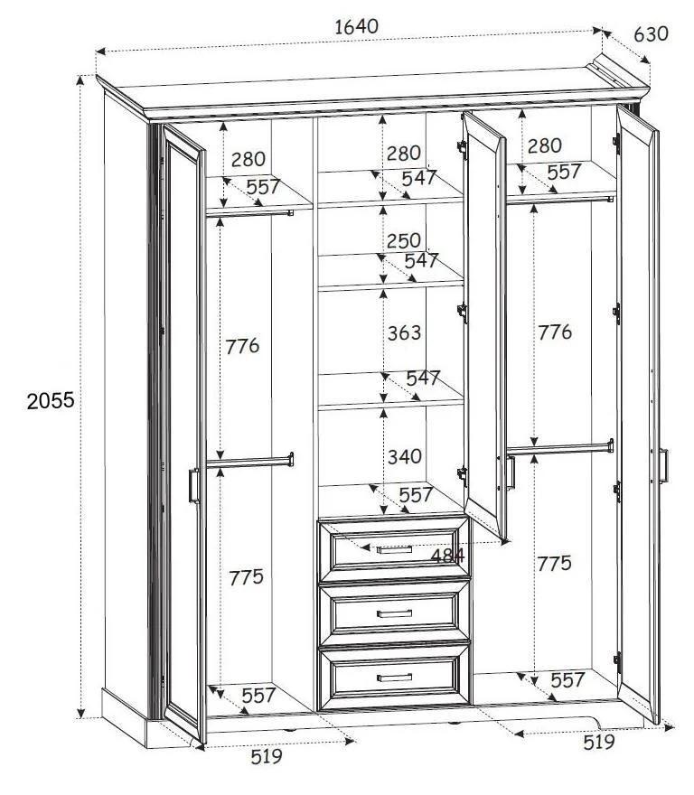 Kleiderschrank JASMIN 3-trg. 3 Schubladen Pinie weiß Nachbildung