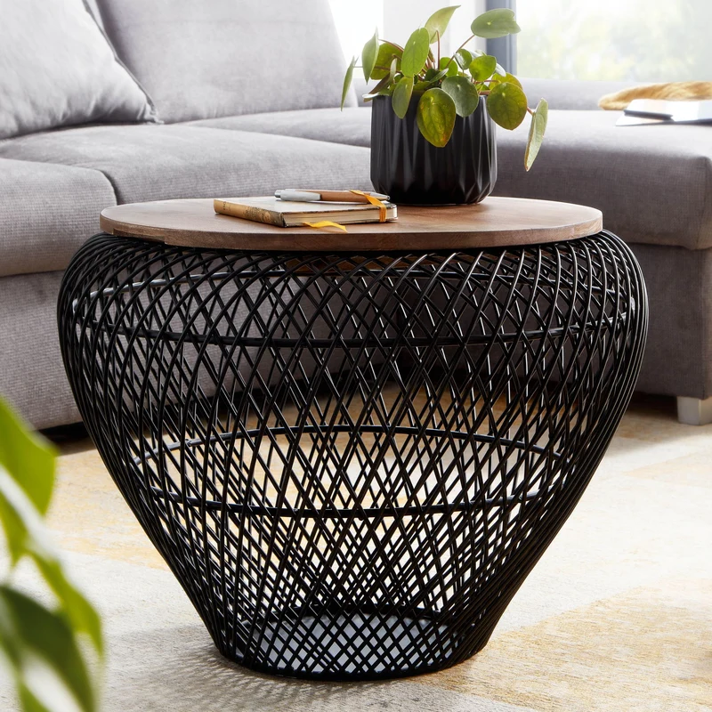 Couchtisch Mango Massivholz Metall Rund Schwarz mit Stauraum Modern