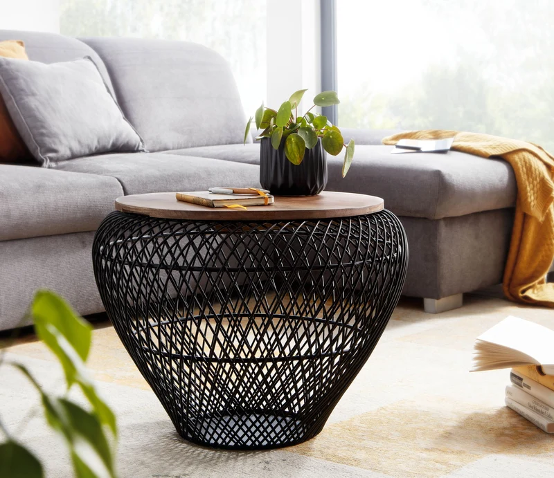 Couchtisch Mango Massivholz Metall Rund Schwarz mit Stauraum Modern