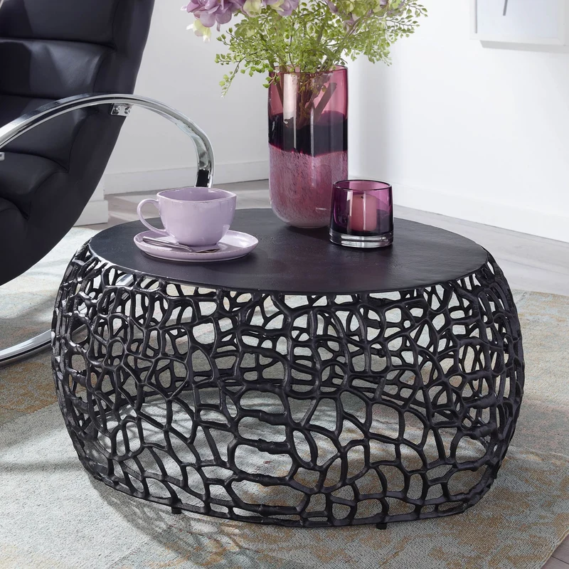 Couchtisch Aluminium Rund Schwarz 66x66x30cm Ast-Struktur Modern