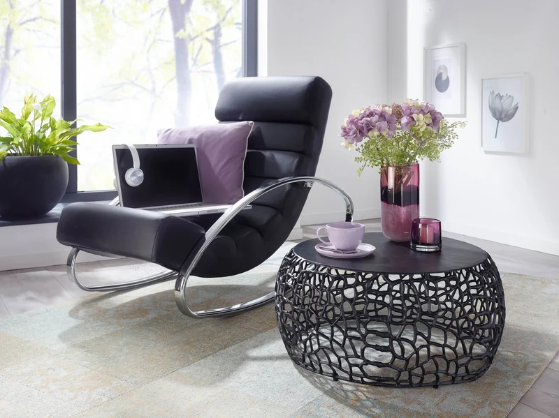Couchtisch Aluminium Rund Schwarz 66x66x30cm Ast-Struktur Modern