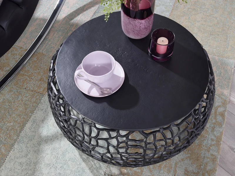 Couchtisch Aluminium Rund Schwarz 66x66x30cm Ast-Struktur Modern