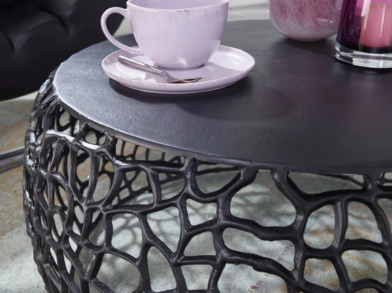 Couchtisch Aluminium Rund Schwarz 66x66x30cm Ast-Struktur Modern