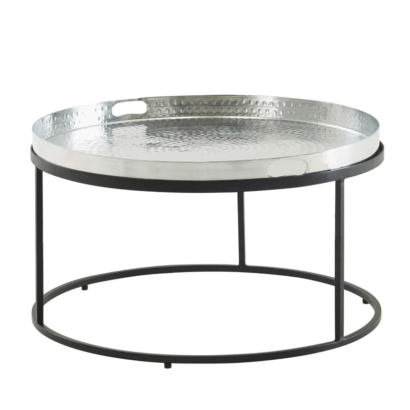 Couchtisch Hammerschlag Metall 62x62x36cm Aluminium Silber Schwarz Rund