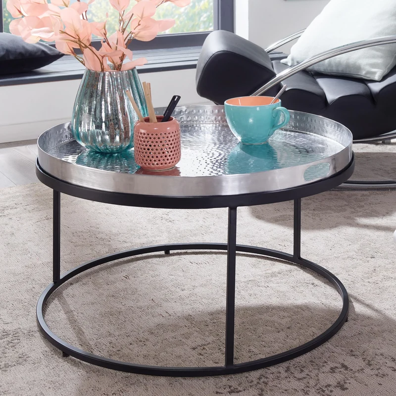 Couchtisch Hammerschlag Metall 62x62x36cm Aluminium Silber Schwarz Rund