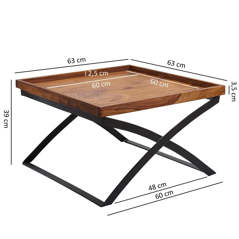 Couchtisch WL5.595 63x63cm Sheesham Massivholz Metall Industrial Braun