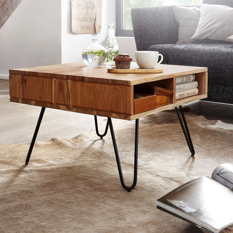 Couchtisch Akazie Massivholz Metall 60x60x40cm Stauraum Braun