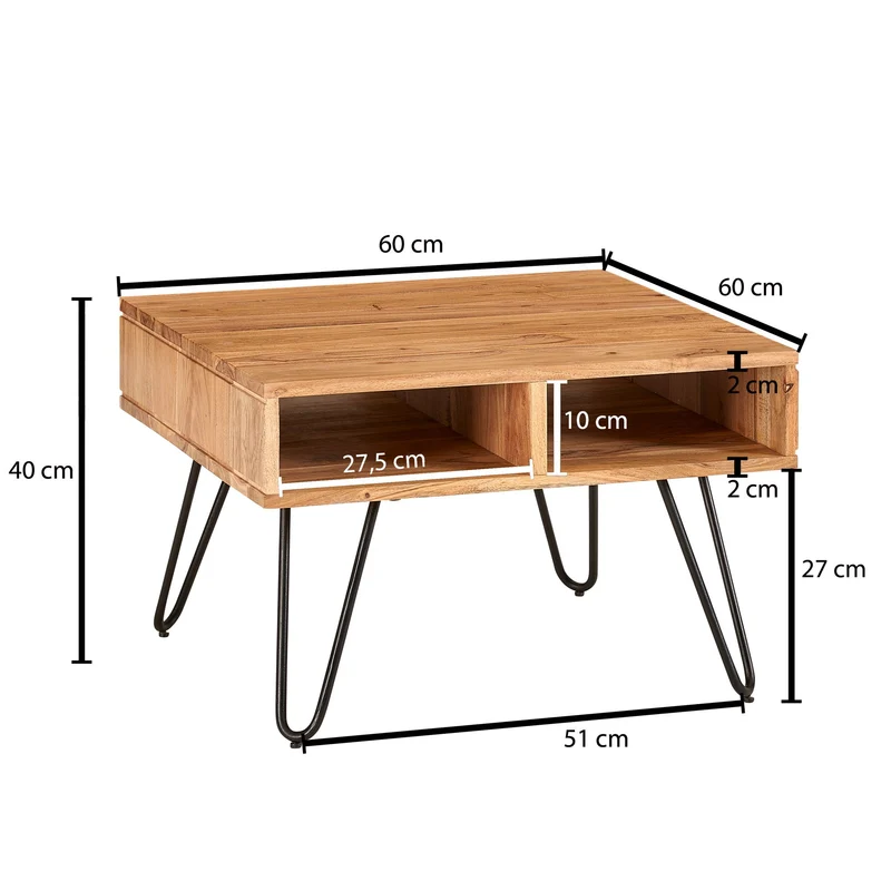 Couchtisch Akazie Massivholz Metall 60x60x40cm Stauraum Braun