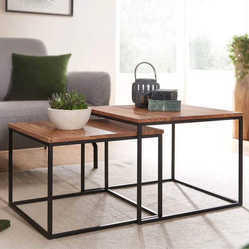 Wohnzimmertisch Set 2er Akazie Massivholz Metallbeine Eckig Design