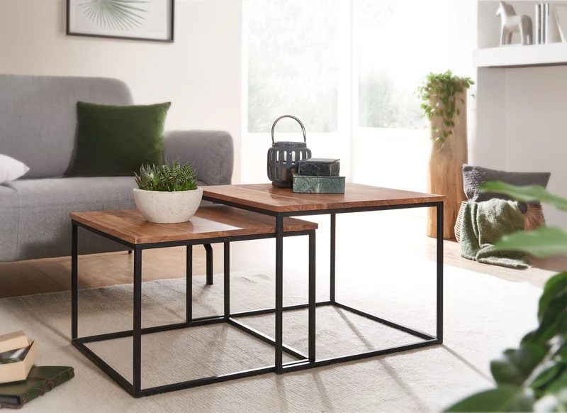 Wohnzimmertisch Set 2er Akazie Massivholz Metallbeine Eckig Design