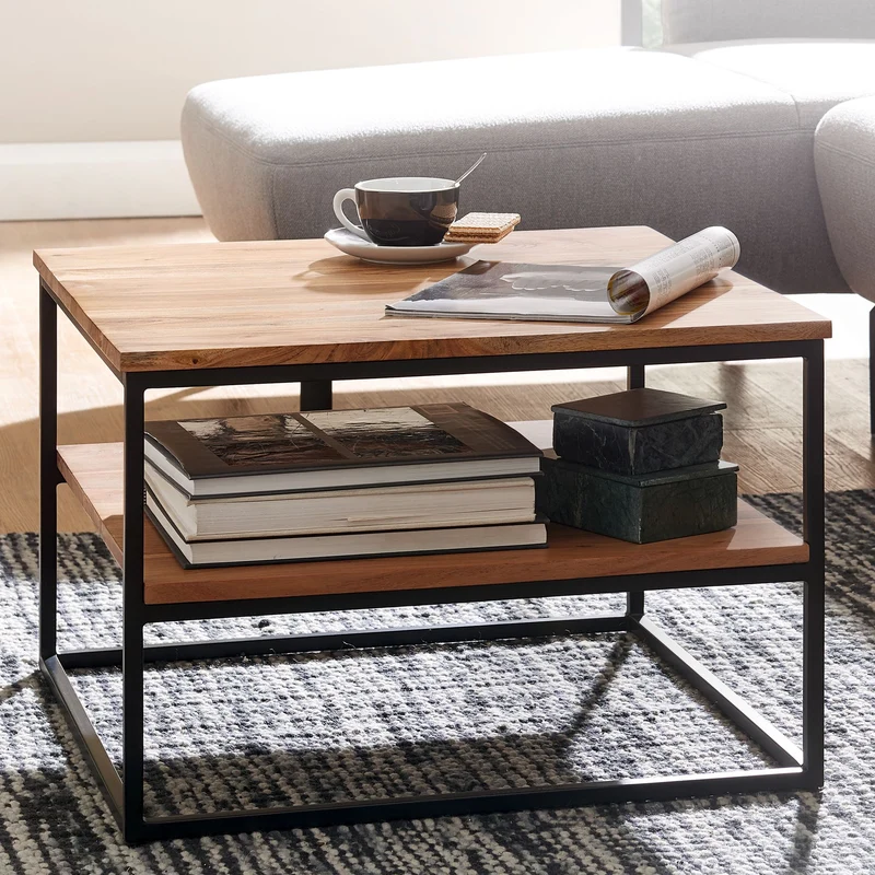 Couchtisch 60x60x41cm Akazie Massivholz Metall Industrial Stauraum